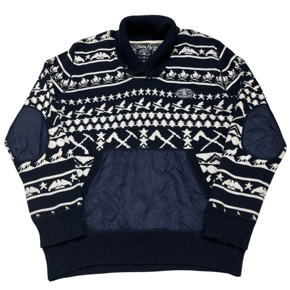 Born Fly Aviator Sweater Mens XL Blue Fair‎ Isle Nylon Elbow Pocket Heavy Weight